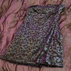 Olive Green Velvet Cheetah / Leopard Strapless Print Mini Dress